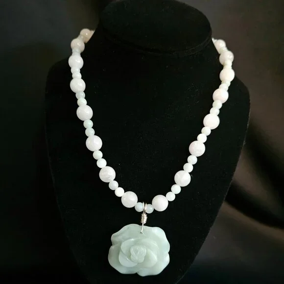 Handcrafted Artisan Rose Quartz Jade with Carved Jade Pendant Necklace - Picture 2 of 6